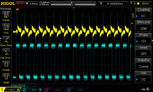 Electron (yellow) vs FPGA (cyan) 265Hz tone