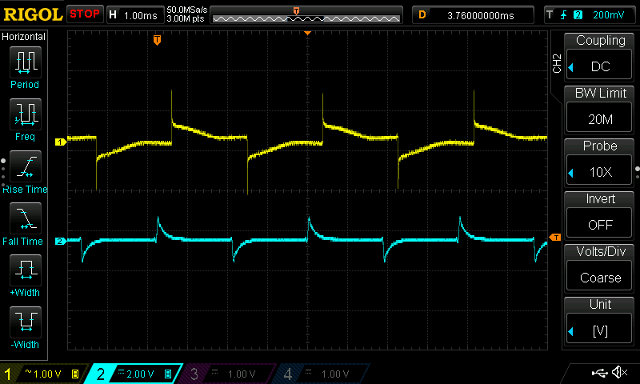 265Hz tone, Electron (yellow), FPGA (cyan) with hpf