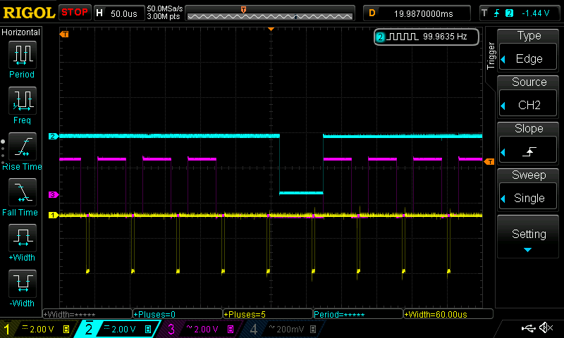 FPGA Core RTC Field 1 (yellow hysnc, pink active line, cyan RTC)