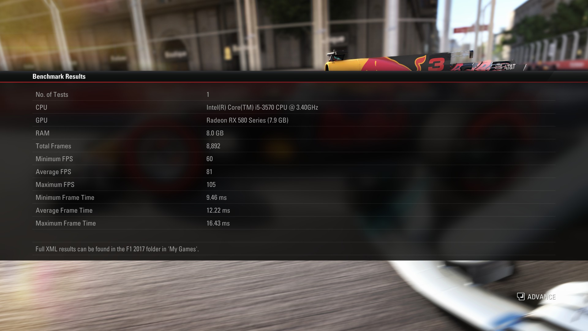 F1 2017 Benchmark, Windows VM